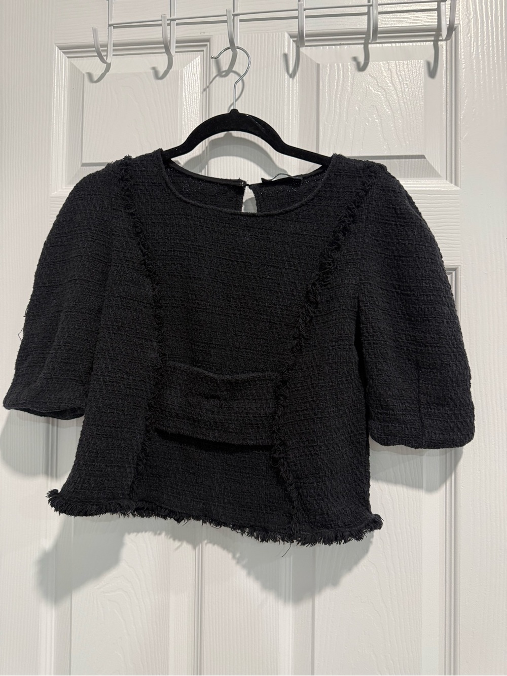 Zara Black Textured Puff-Sleeve Top